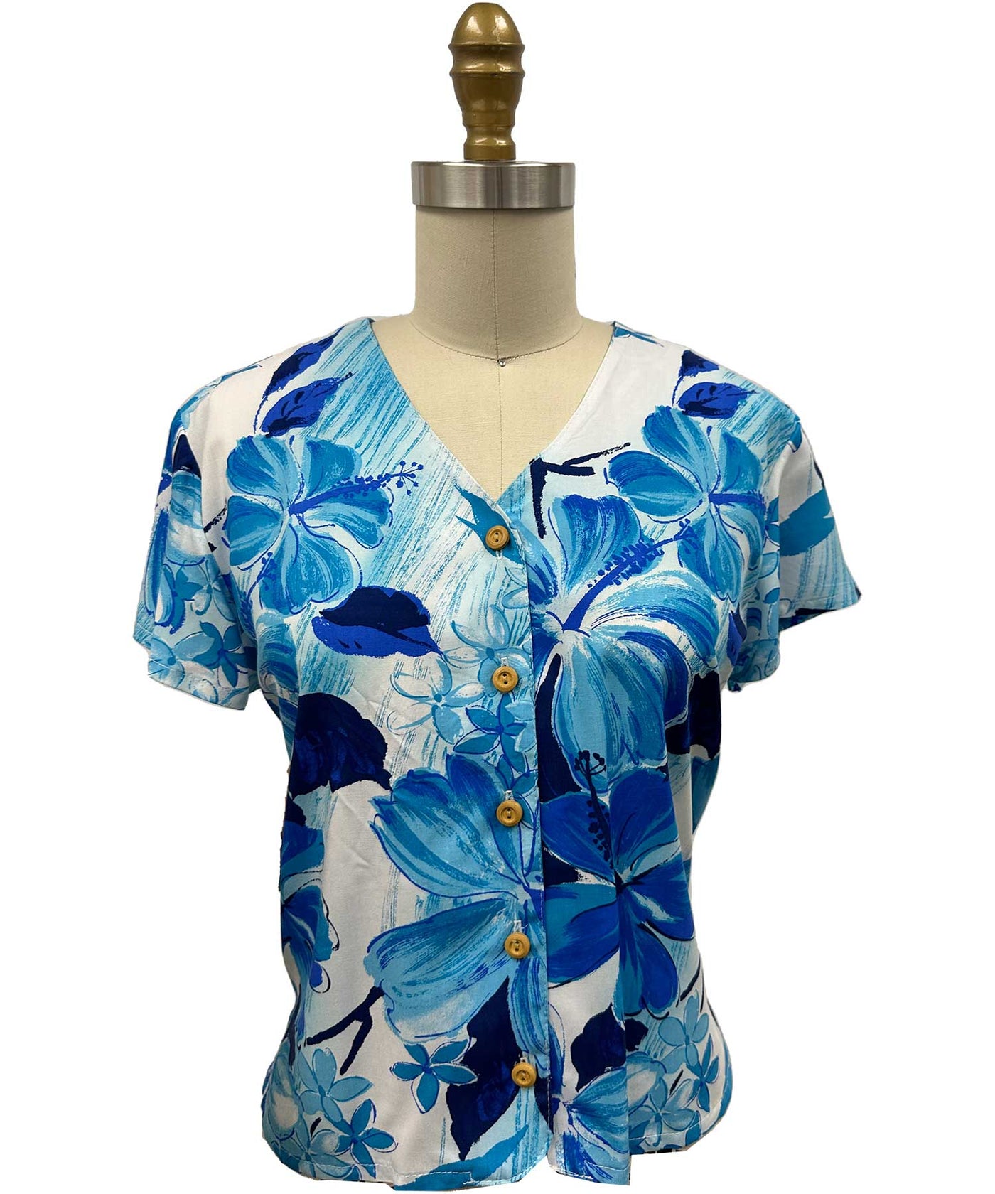 Watercolor Hibiscus Blue V-Neck Top