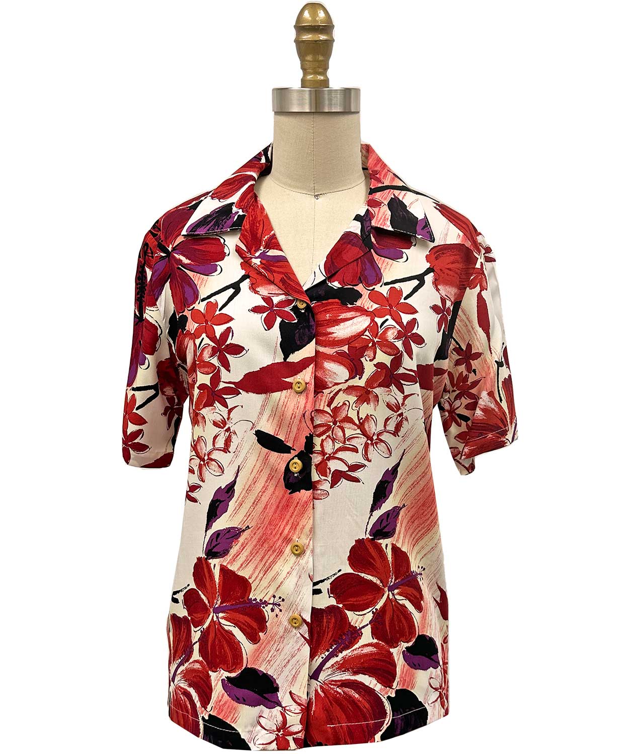 Ladies Watercolor Hibiscus Red Camp Shirt