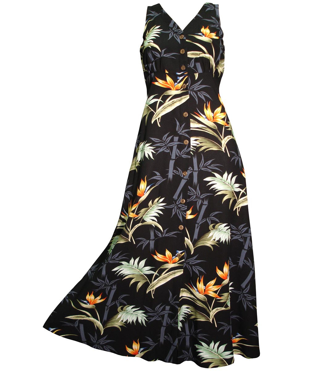 Ladies Bamboo Paradise Black Button Front Long Dress