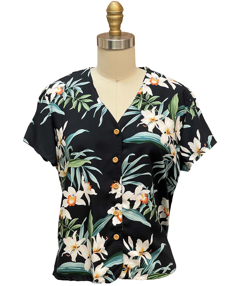 Orchid Ginger Black V-Neck Top