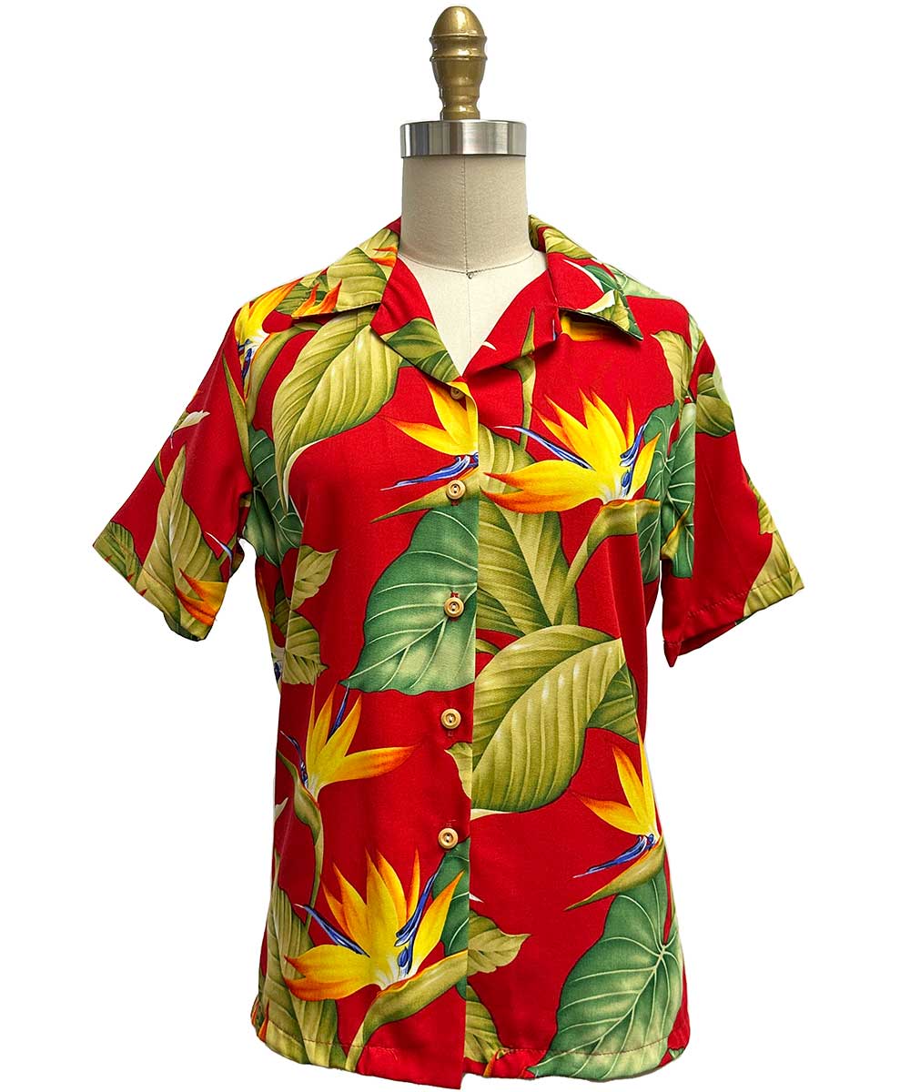 Ladies Airbrush Bird of Paradise Red Camp Shirt