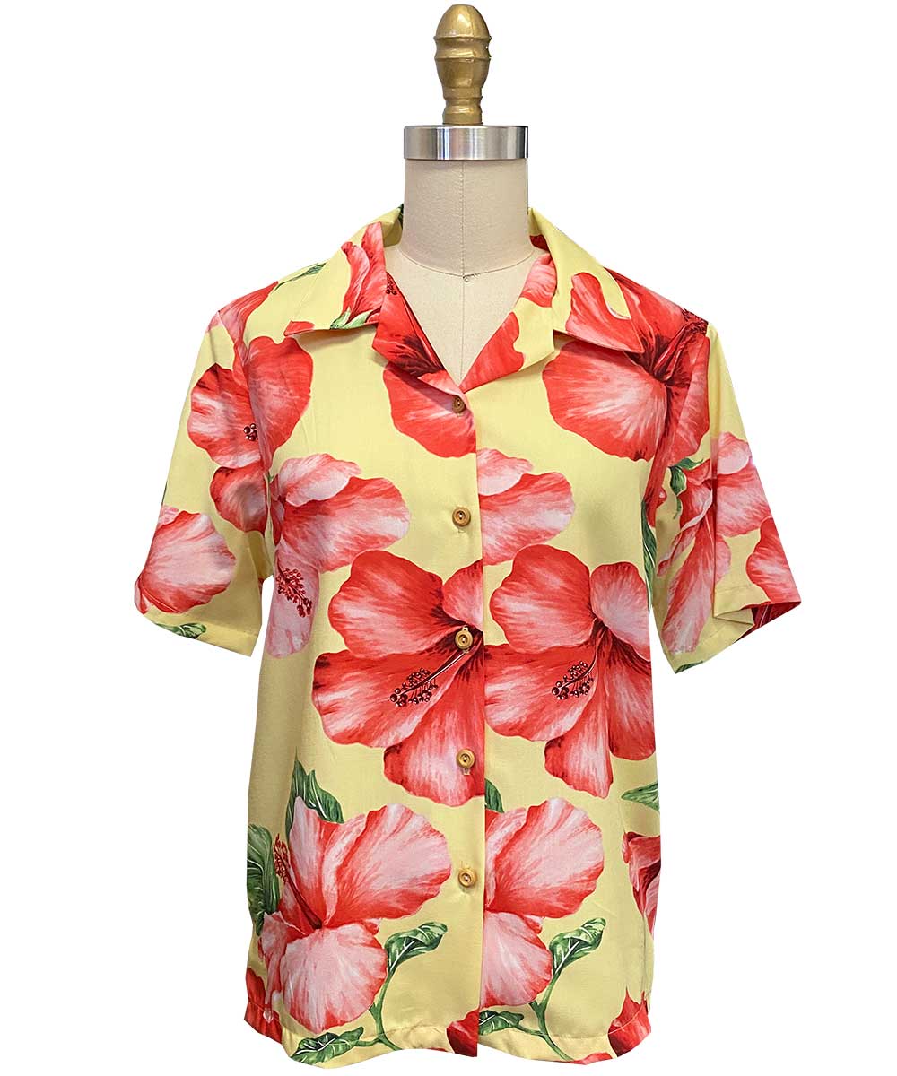 Ladies Hibiscus Blossom Yellow Camp Shirt